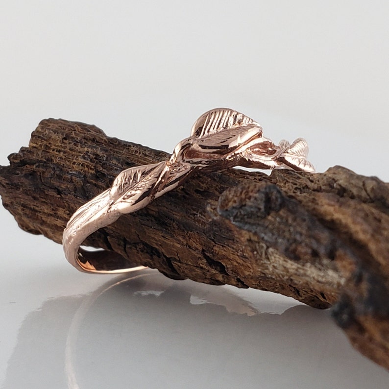 Leaf and Twig Curved Wedding Band in Solid Gold, Twig Band with Leaves, Stacking Statement Ring by DV Jewelry Designs image 2