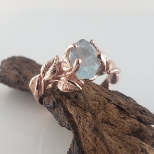 Leaf and Twig Aquamarine in 14k Rose Gold Engagement Ring, Hand-cut Rough Raw Gemstone Ring by DV Designs