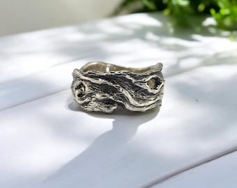 Oxidized Sterling Silver Driftwood Ring: Wide Unisex Twig Wedding Band