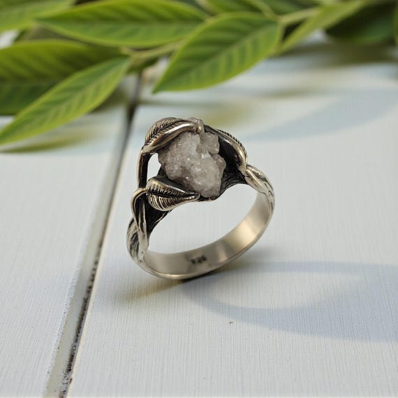 Rough Diamond Engagement Ring, Nature-Inspired Leaf & Flower Design - Available Now