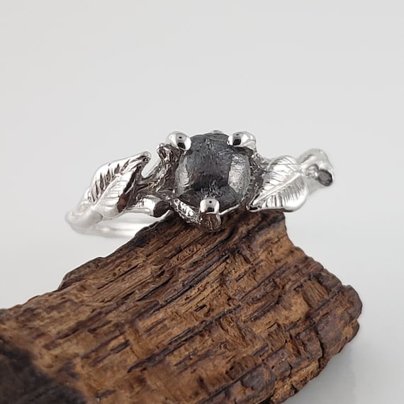 Raw Rough Salt and Pepper Diamond Unique Engagement Ring, Black, Gray Diamond in Solid Gold by DV Jewelry Designs