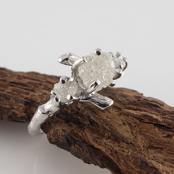 Raw Rough Diamond Ring, Twig and Branch Setting, 14k White Gold, Uncut Diamond Cluster