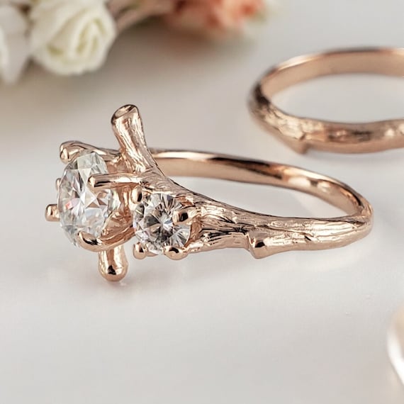 Moissanite Engagement Ring set, Hand Made Branch Style Three Round Moissanite Wedding Ring Set, bridal band set by Dawn Vertrees