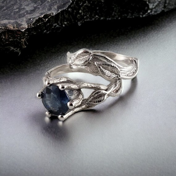 Blue Sapphire White Gold Ring - Unique Twig and Leaf Solitaire - Romantic Engagement or Bridal Set by DV Designs