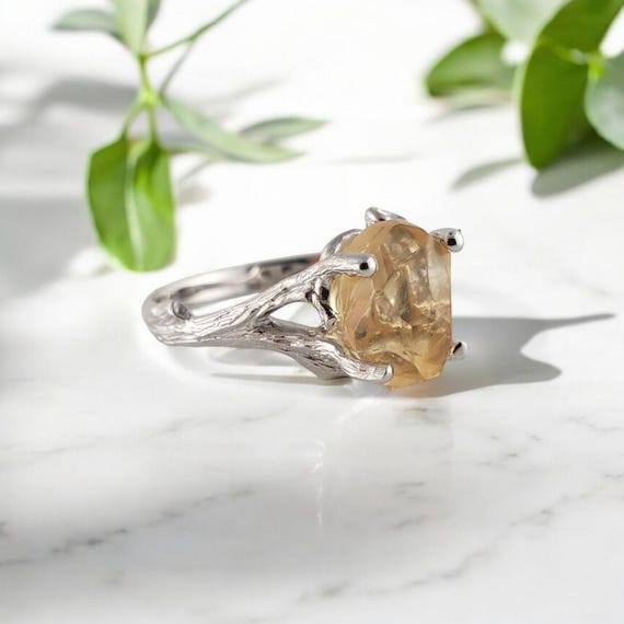 Raw Yellow Citrine Twig Engagement Ring - Rustic Birthstone Jewelry - Nature-Inspired Golden Stone