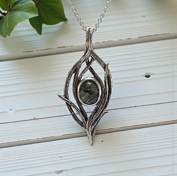 Moss Agate Cabochon Branch Style Sterling Silver Pendant