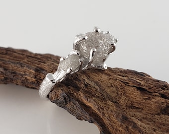 Raw Diamond White Gold Bridal Set, Rough Stone Wedding Ring