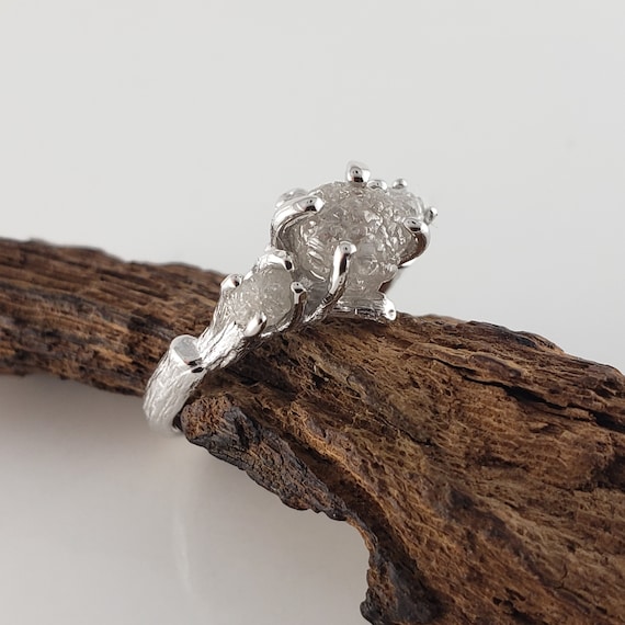 Three Raw Diamond White Gold Engagement Ring, Rough Gold Wedding Ring, Diamond Bridal Set by Dawn