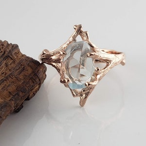 Rough Aquamarine Twig and Branch Style Engagement Ring in Solid Gold, Hand-cut Gemstone Statement Ring by DV Jewelry Designs