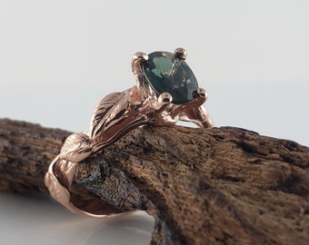 Green Montana Sapphire Twig and Leaf Bridal Set - Solid Gold Engagement Ring by DV Jewelry Designs