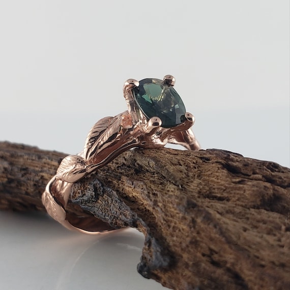 Green Oval Sapphire Twig and Leaf Bridal Set - Solid Gold Engagement Ring by DV Jewelry Designs