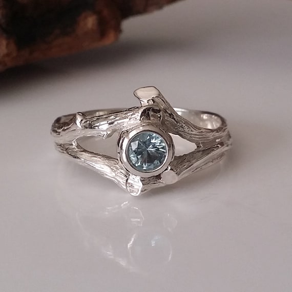 Twig Style Solitaire Ring, Blue Aquamarine Wedding Ring, Beautiful Alternative Wedding Ring, Branch, Nature, Tree Style by Dawn Vertrees