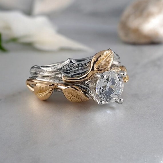 1ct Two Tone Gold Round Moissanite Engagement Ring set, Wedding Ring, Bridal Ring Set, Engagement Stacking Ring Gift Jewelry by DV