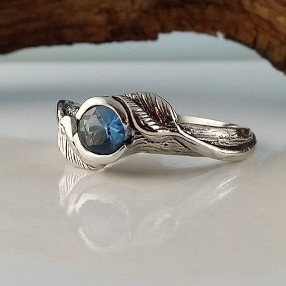 Birthstone Leaf Twig Ring: Sterling Silver Gemstone Engagement Ring