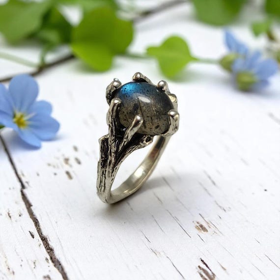 Labradorite Gemstone Sterling Silver Twig Ring - Nature-Inspired Solitaire Statement Jewelry for Anniversary Gifts