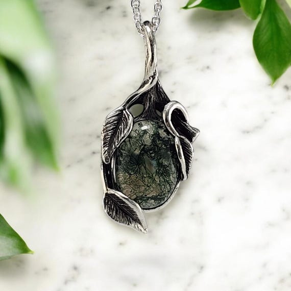 Handmade Moss Agate Leaf Style Sterling Silver Pendant