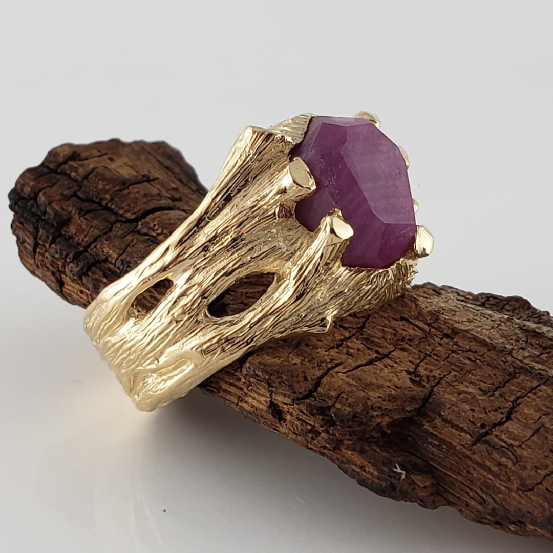 Wide Hand-cut Ruby Gemstone Branch Twig Style Ring in 14k Gold by Dawn ...