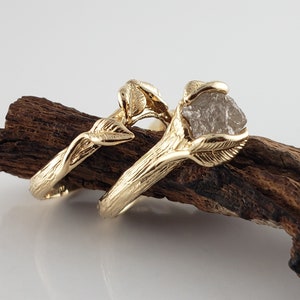 Rough Diamond Leaf Bridal Set in Solid Gold, Engagement Ring by DV Jewelry Designs