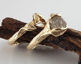 Rough Diamond Leaf Bridal Set in Solid Gold, Engagement Ring by DV Jewelry Designs