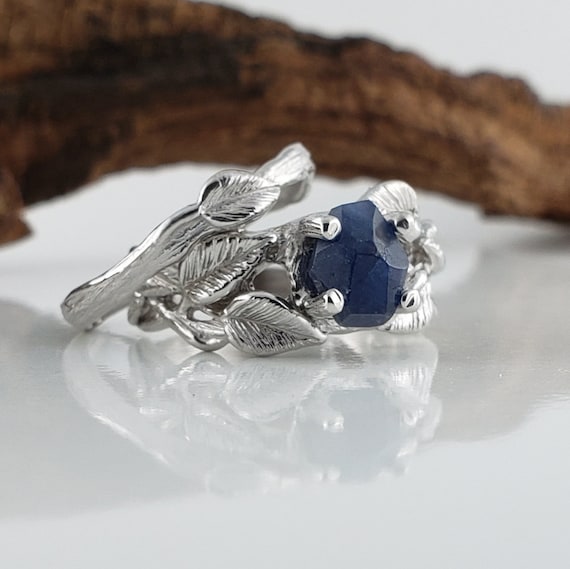 14k Gold Leaf and Twig Handmade Wedding Band Bridal Set- Rough Hand Cut Blue Sapphire - Tree Branch Rings - Sapphire Engagement Ring