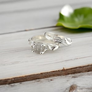 Sterling Silver Raw Diamond Ring - Leaf Twig Engagement Ring Bridal Set by DV Jewelry Designs