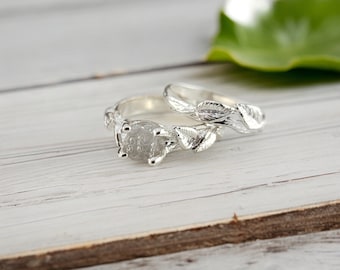 Sterling Silber Rohdiamant Ring - Blatt Zweig Verlobungsring Braut Set vonDV Jewelry Designs