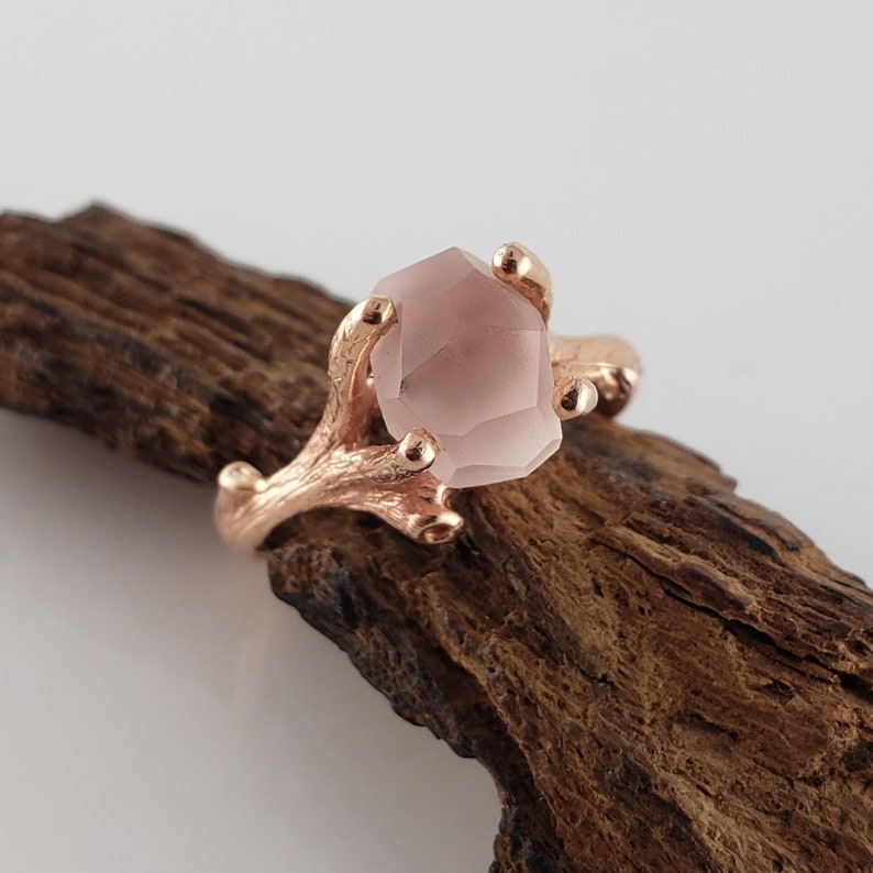 Hand-Cut Matte Finish Morganite Twig Engagement Ring, 14k Rose Gold Gemstone Solitaire Ring, Engagement Ring by DV Designs image 3