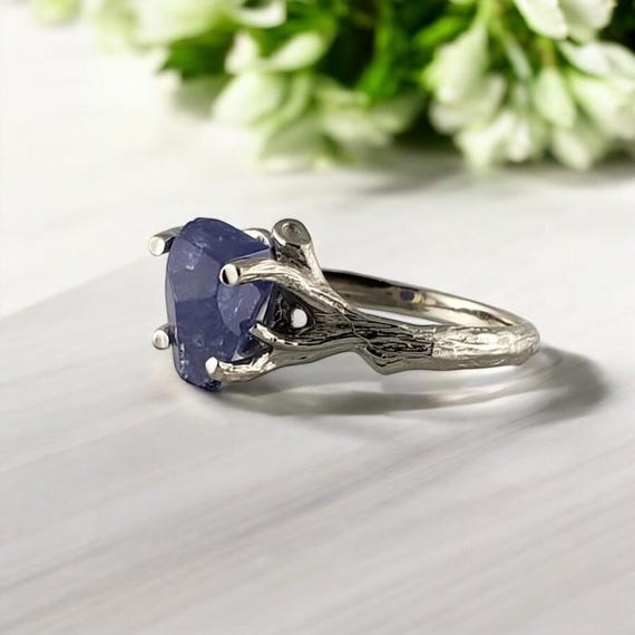 Hand Cut Tanzanite Engagement Ring: 14k White Gold Twig Solitaire
