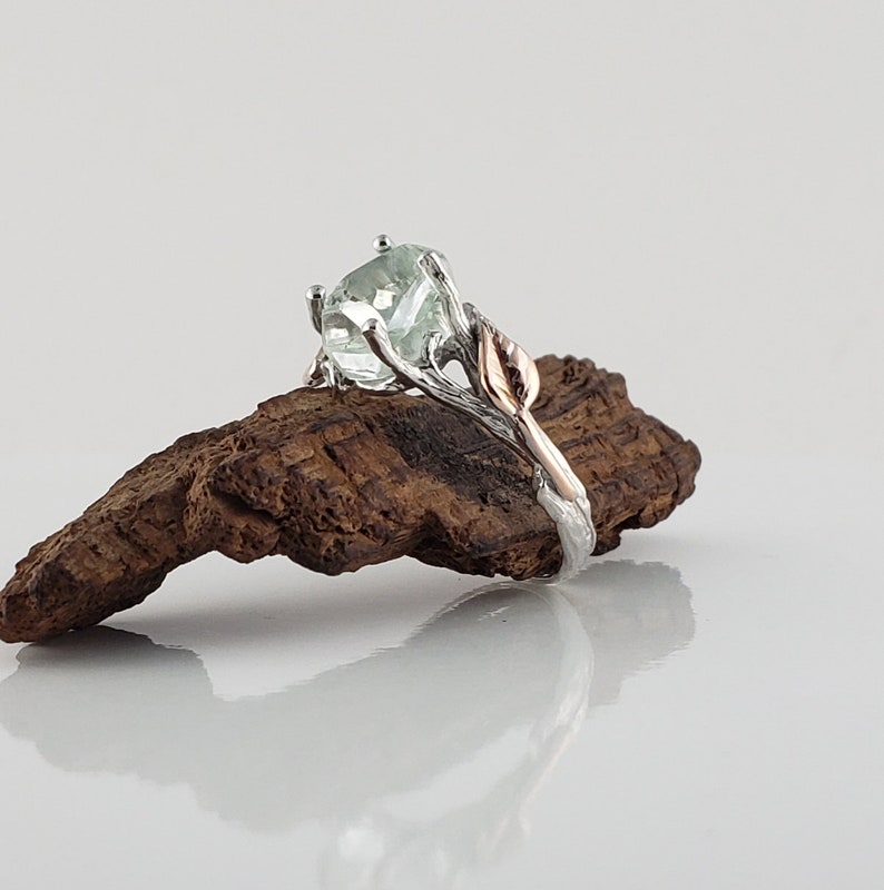 Hand Cut Aquamarine, 14k White Gold Twig Engagement Ring with 14k Rose Gold Leaves, Two Tone Wedding Ring image 5