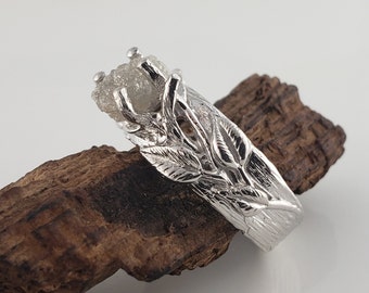 Leaf and Twig Crossover Engagement Ring, Rough Diamond Wedding Ring, White Gold Band, Wide Band by Dawn