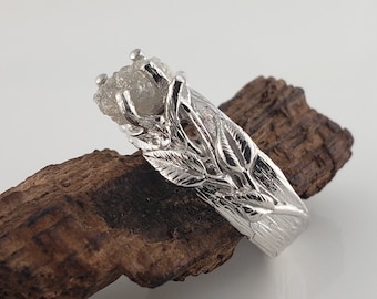 Leaf and Twig Crossover Engagement Ring, Rough Diamond Wedding Ring, White Gold Band, Wide Band by Dawn