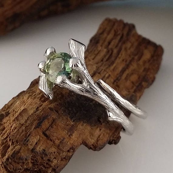 Twig Bridal Set with polished Montana Sapphire Gemstone Ring, Made-to-Order, Gold, Wedding Bridal Set Hand Sculpted by Dawn Vertrees