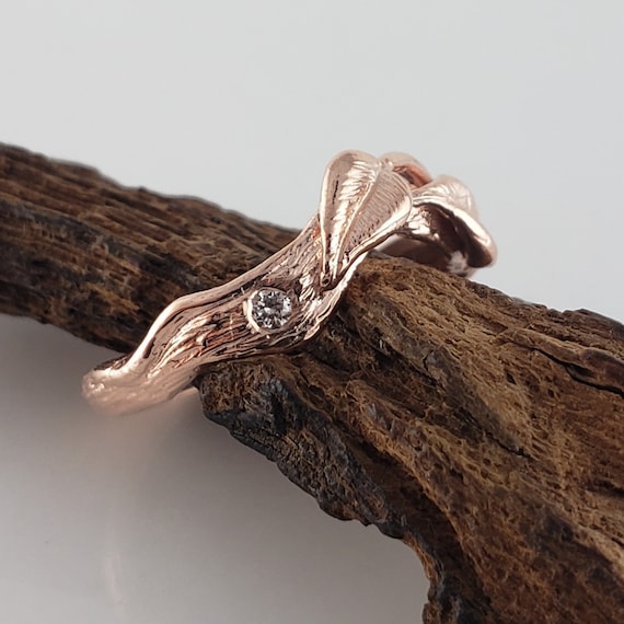 Diamond Leaf Wedding Band: 14k Rose Gold Twig Stacking Ring