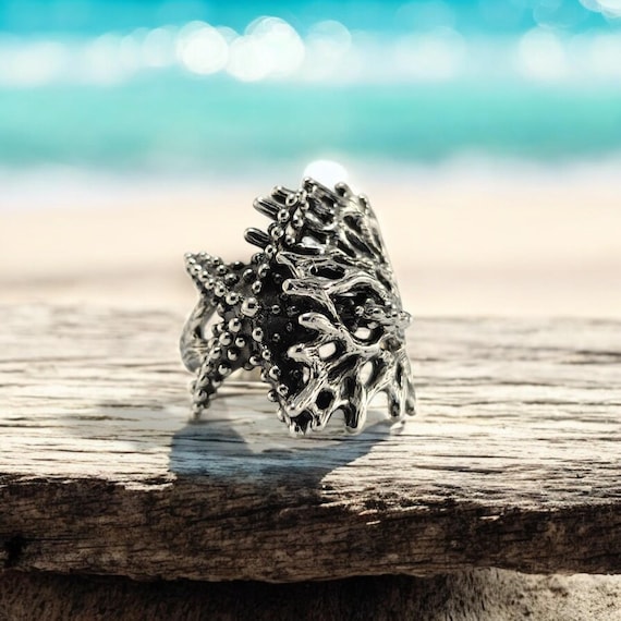 Sterling Silver Starfish and Sea Coral Ring | Statement Jewelry for Ocean Lovers | Unique Handcrafted Design & Gifts