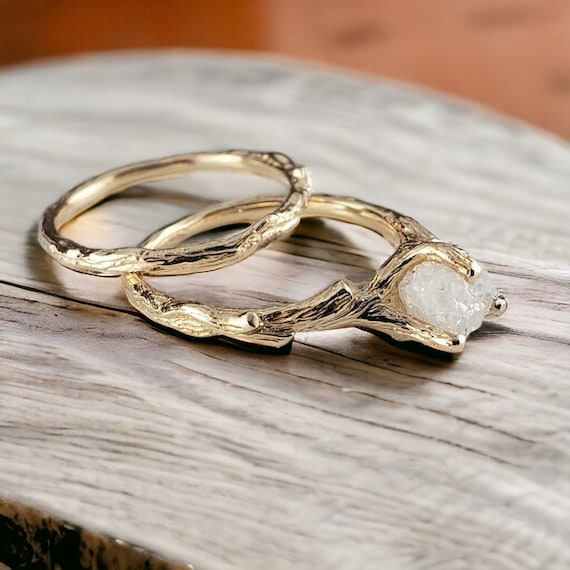 Rough Diamond Twig Engagement Ring in Solid Gold - Simple Diamond Ring - Gold Engagement Ring - 14k Yellow Gold