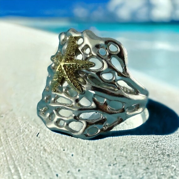 Sea Fan Coral Ring with a 14k Gold Starfish, Sea Fan Coral Ring, Starfish Ring, Ocean Inspired Ring by DV Jewelry Designs