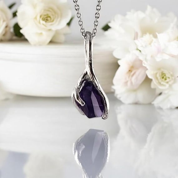 Raw Amethyst Hand Sculpted Twig Pendant in 14k White Gold  - Unique Gemstone Necklace by Dawn Vertrees