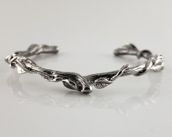 Leaf and Vine Twig Cuff Bracelet in Sterling Silver - Polished or Oxidized- by DV Jewelry Designs