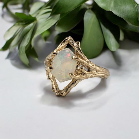 Ethiopian Hexagon Opal Twig and Branch Engagement Ring in Solid Yellow Gold, by DV Jewelry Designs