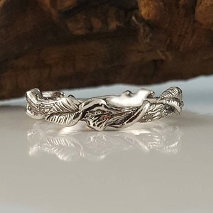 Hand Sculpted Silver Leaf Ring Vine Ring Sterling Silver Ring Feather Ring Hematite Ring image 2