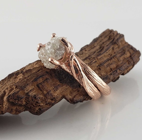 Alternative Woodland Engagement Ring, Hand-Sculpted Twig Design Wedding Rings, Solid Gold Crossover Band by DV Jewelry Designs