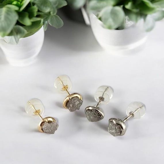 Rough Raw Diamonds in 14k White Gold Post Earrings