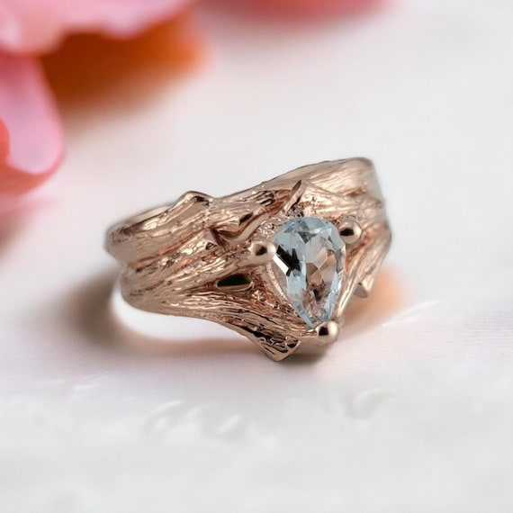 March Birthstone - Pear Shaped Aquamarine Nature Inspired Ring or Wedding Set in 14 or 18k Gold, Hand-sculpted Ring- DV Jewelry Designs