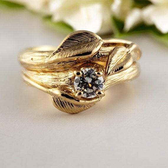 Unique 14k Yellow Gold Round Moissanite Bridal Set with Branch Texture and Sculpted Leaves by DV Jewelry Designs