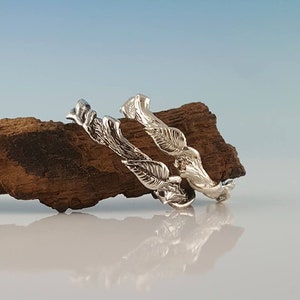 Hand Sculpted Silver Leaf Ring Vine Ring Sterling Silver Ring Feather Ring Hematite Ring zdjęcie 9