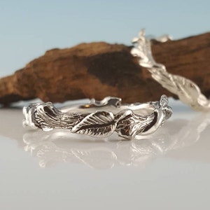 Hand Sculpted Silver Leaf Ring Vine Ring Sterling Silver Ring Feather Ring Hematite Ring image 1