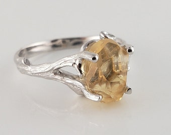 Raw Yellow Citrine Gemstone, Twig Engagement Ring - Raw Gemstone Jewelry Ring - Birthstone - Yellow Stone Ring