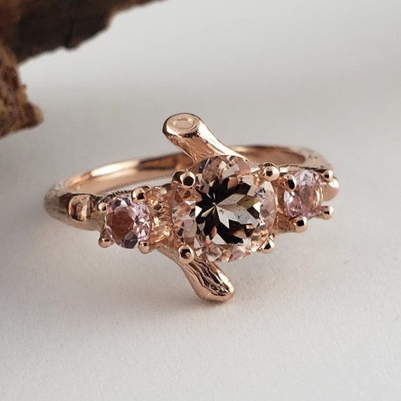 3 Stone Pink Morganite Ring - Morganite Ring Set - Morganite Rings - Gold Engagement Ring - Diamond Ring - Twig Ring