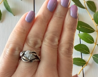 Rough Diamond Engagement Ring, Nature-Inspired Leaf & Flower Design, Unique Raw Diamond Silver Ring, Eco-Friendly Jewelry Gift
