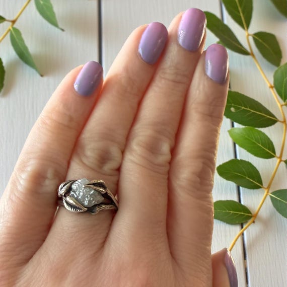 Rough Diamond Engagement Ring, Nature-Inspired Leaf & Flower Design, Unique Raw Diamond Silver Ring, Eco-Friendly Jewelry Gift